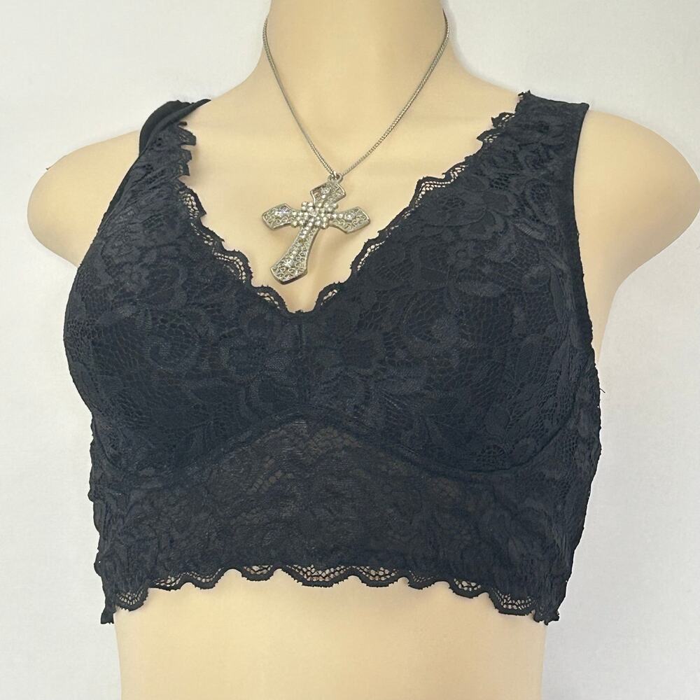 Serra Black Floral Lace Bralette Crop Top Size Large Crisscross Back Goth Y2K